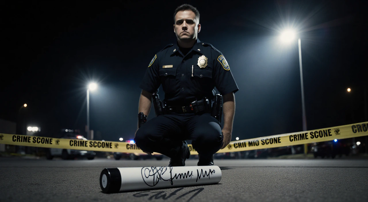 Officer kneeling with crime scene tape and flashing police lights while a forensic marker with faint scribbles lies nearby