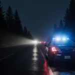 Police cruiser stands on dark highway with spotlight and misty fog reflecting off wet pavement and distant headlights