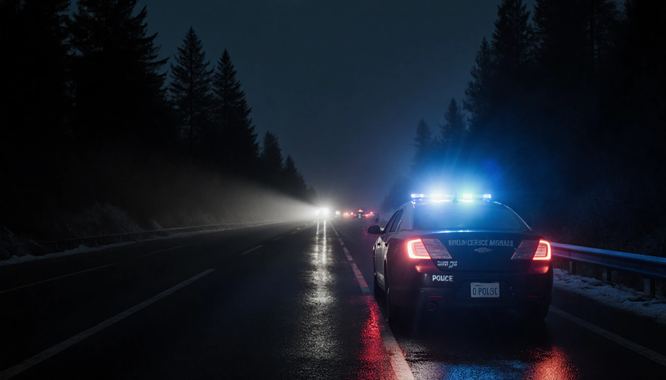 Police cruiser stands on dark highway with spotlight and misty fog reflecting off wet pavement and distant headlights