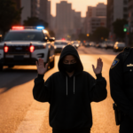 Woman walking away from police cruiser with raised hands in surrender under warm sunset glow