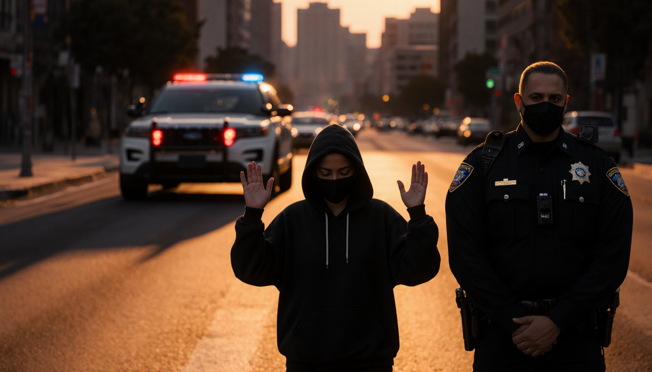 Woman walking away from police cruiser with raised hands in surrender under warm sunset glow
