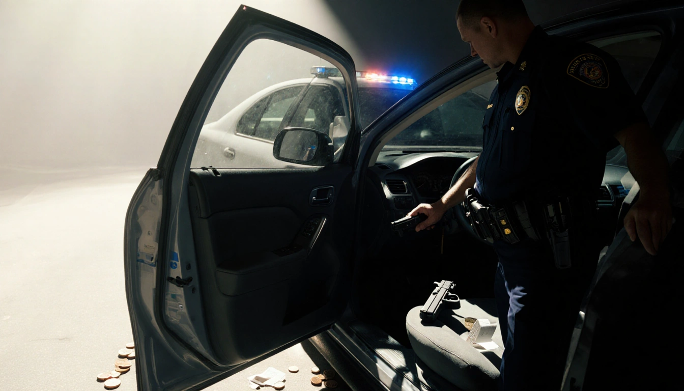 Police officer standing next to Nissan Sentra with handgun on seat and coins on floor during traffic stop