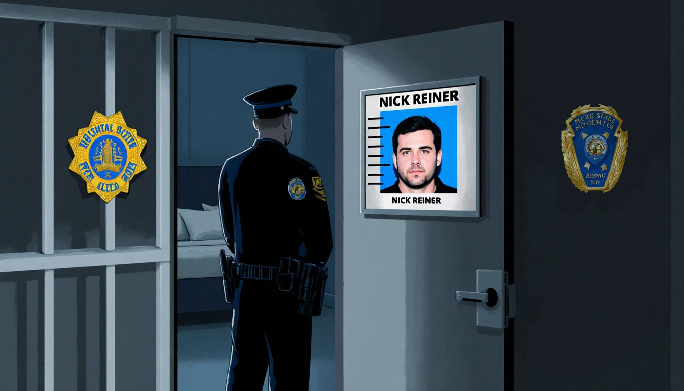 Police officer standing before a slightly ajar jail cell door with mugshot screen showing arrest footage and a bedroom hint