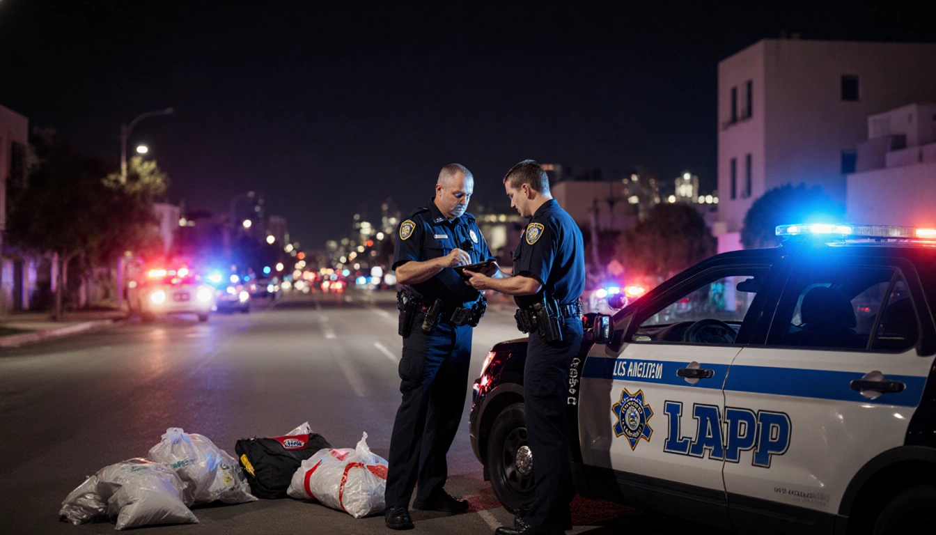 Police officers reviewing evidence on tablet beside marked LAPD vehicle with flashing police lights at night