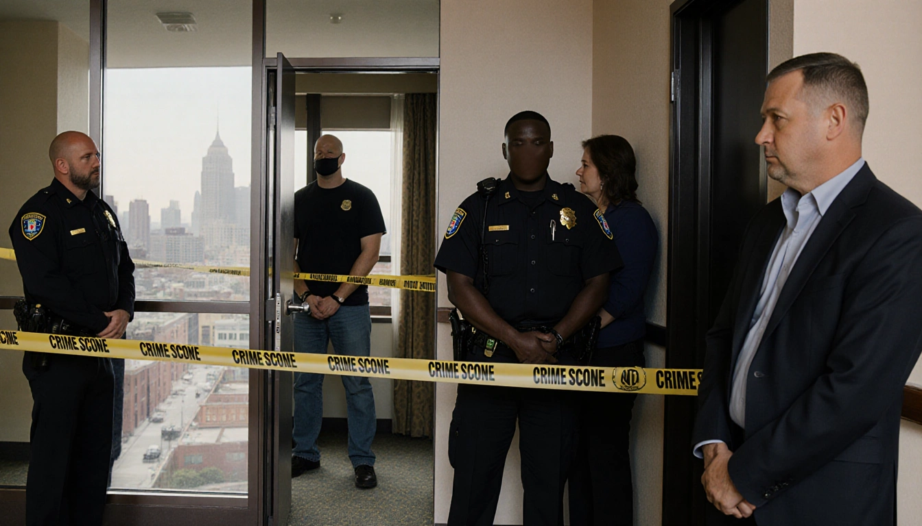 Police officer stands at Hampton Inn with crime scene tape and FBI agents as suspect visible through door Providence skyline 
