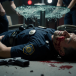 Police officer lying on ground with medical personnel and broken glass table in dim emergency lights