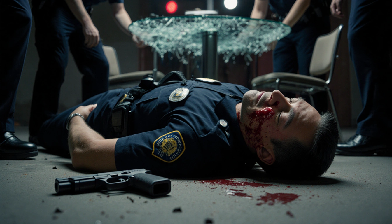 Police officer lying on ground with medical personnel and broken glass table in dim emergency lights