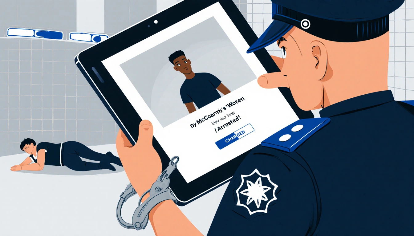 Police officer holding tablet livestreaming TikTok video with stern face badge handcuffs and Charged notification