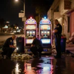 Police raid officers examining cash with neon-lit slot machines reflected on wet pavement