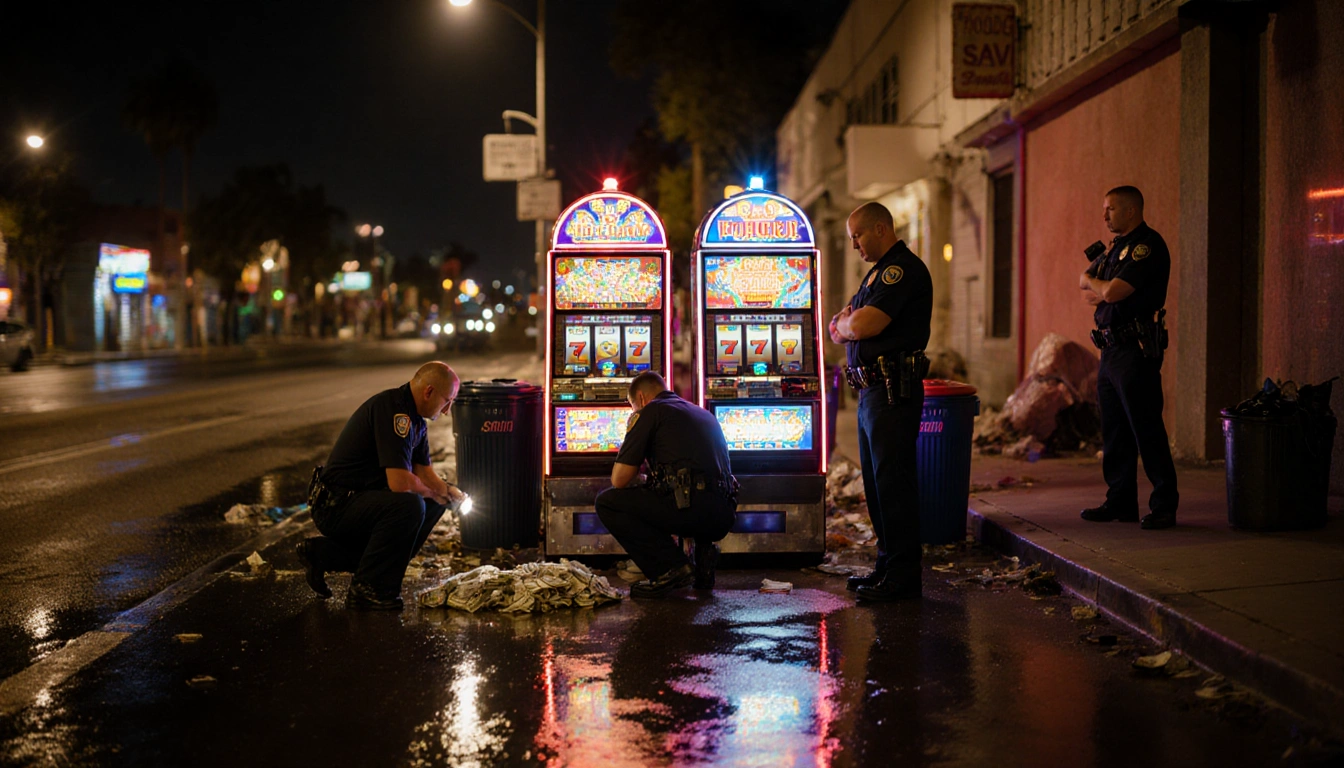 Police raid officers examining cash with neon-lit slot machines reflected on wet pavement