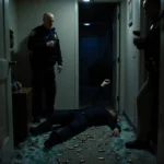 Police officer drawing gun with suspect surrendering and broken glass scattered in hallway