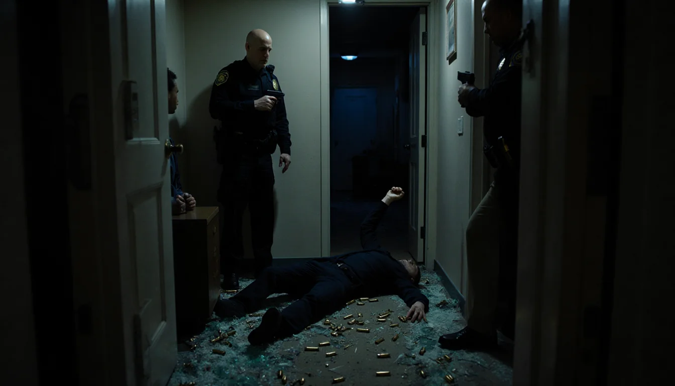 Police officer drawing gun with suspect surrendering and broken glass scattered in hallway