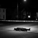 Police tape blocks the street with lifeless bodies and a faint spotlight in a dimly lit black and white scene