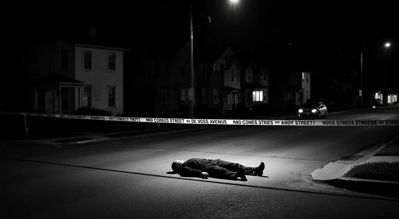 Police tape blocks the street with lifeless bodies and a faint spotlight in a dimly lit black and white scene