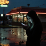 Distraught mother staring at her hands with phone screen text and neon light reflection on wet pavement near Pollo Campero du