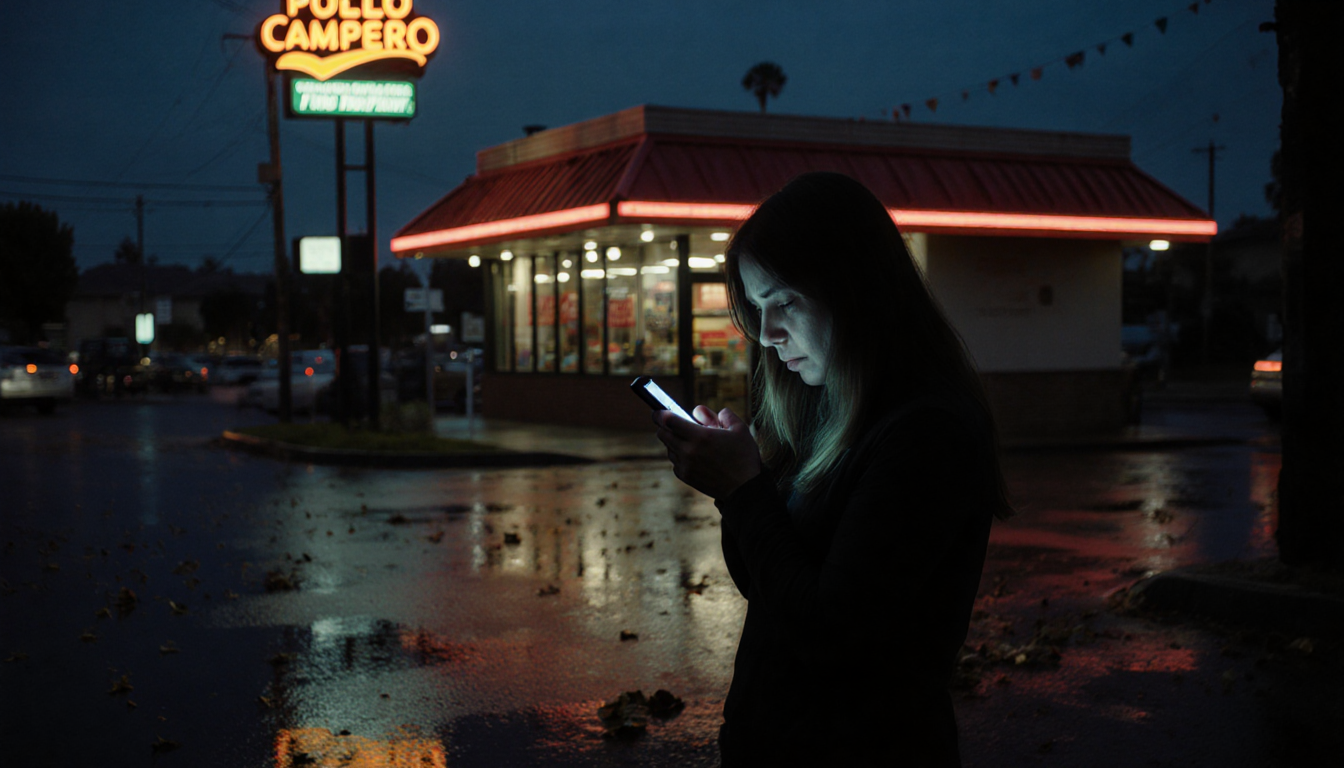 Distraught mother staring at her hands with phone screen text and neon light reflection on wet pavement near Pollo Campero du