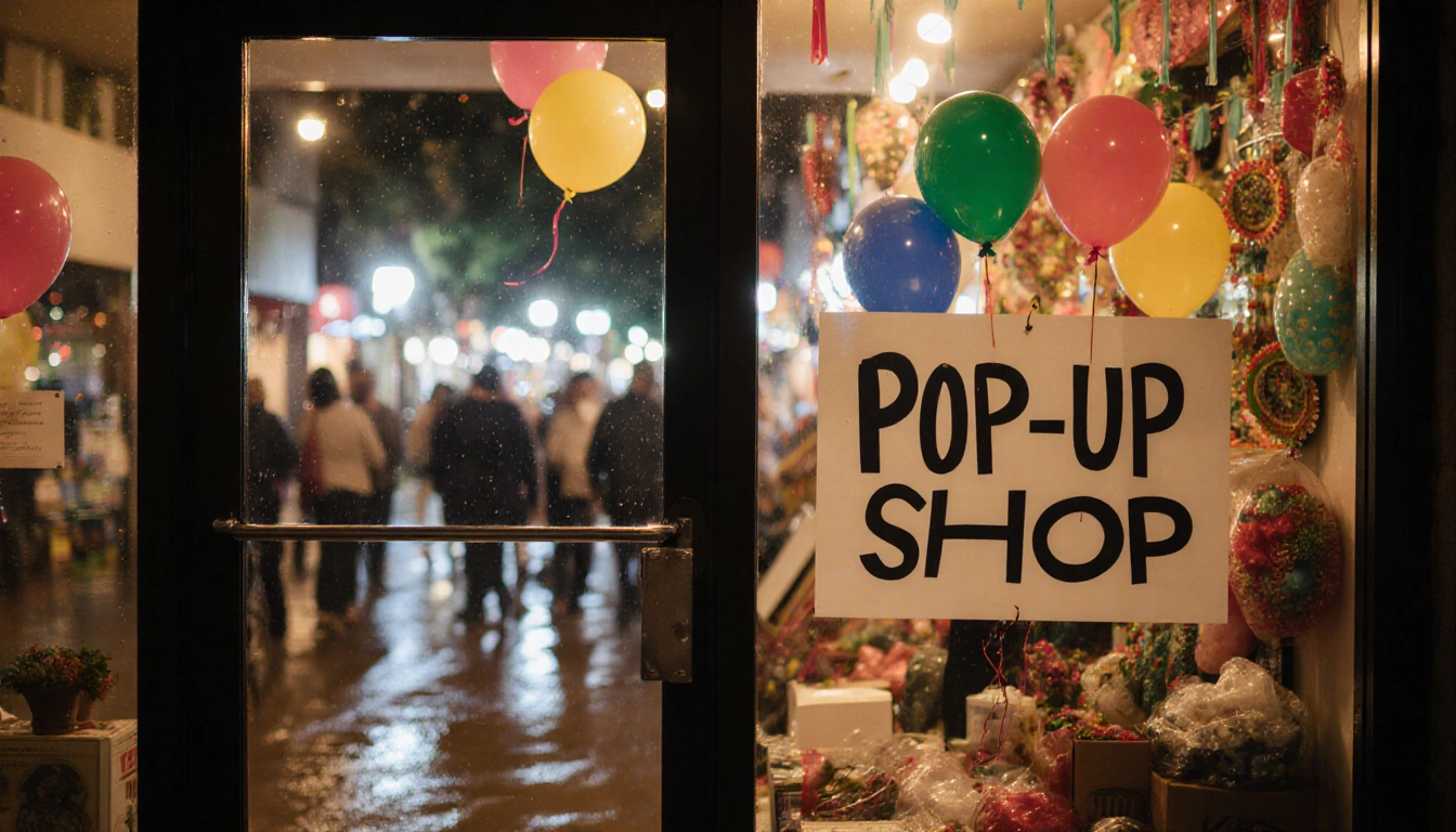 Pop-up shop storefront displays bright balloons with warm lighting and a subtle floodwater mark on the sidewalk