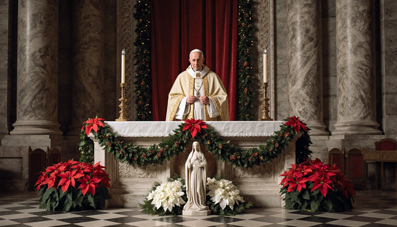 Pope Leo XIV blesses the altar with festive poinsettias and floral garlands in a joyful Christmas Mass