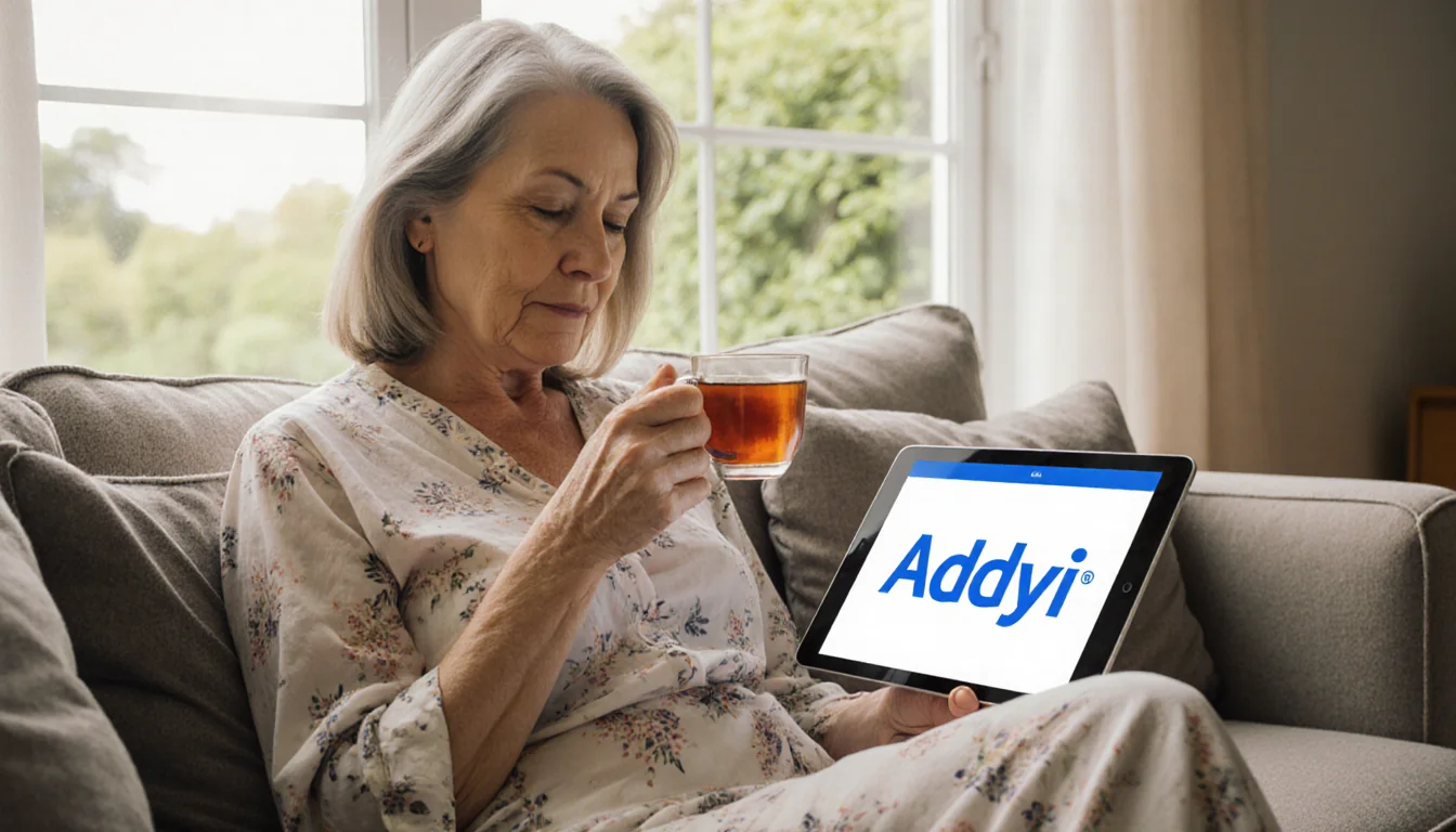 Postmenopausal woman sipping tea while viewing tablet with Addyi logo in dress with sunlight through windows and greenery.