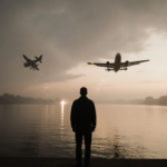 Lone figure standing by Potomac River mist with midair plane collision above.