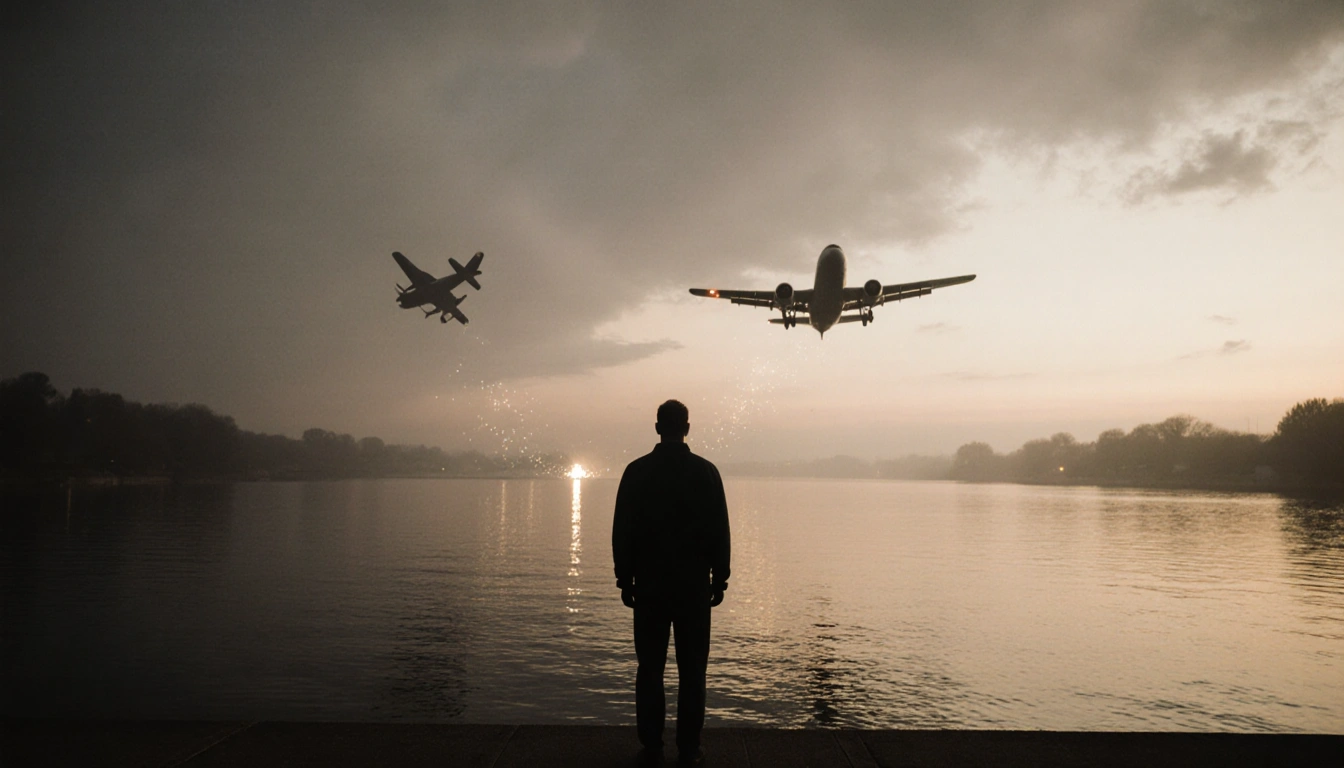 Lone figure standing by Potomac River mist with midair plane collision above.