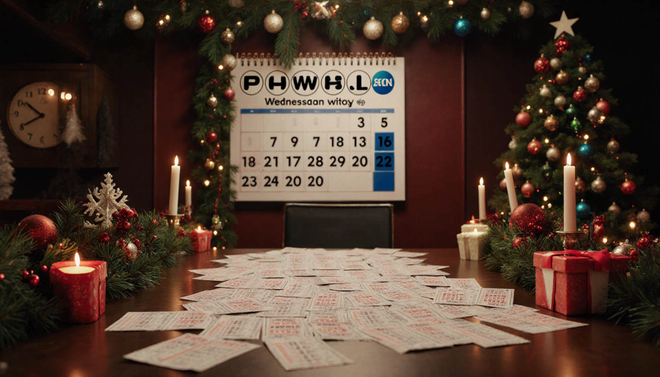Powerball drawing room shows a festive table with ticket winner highlighted and clock displaying Wednesday date