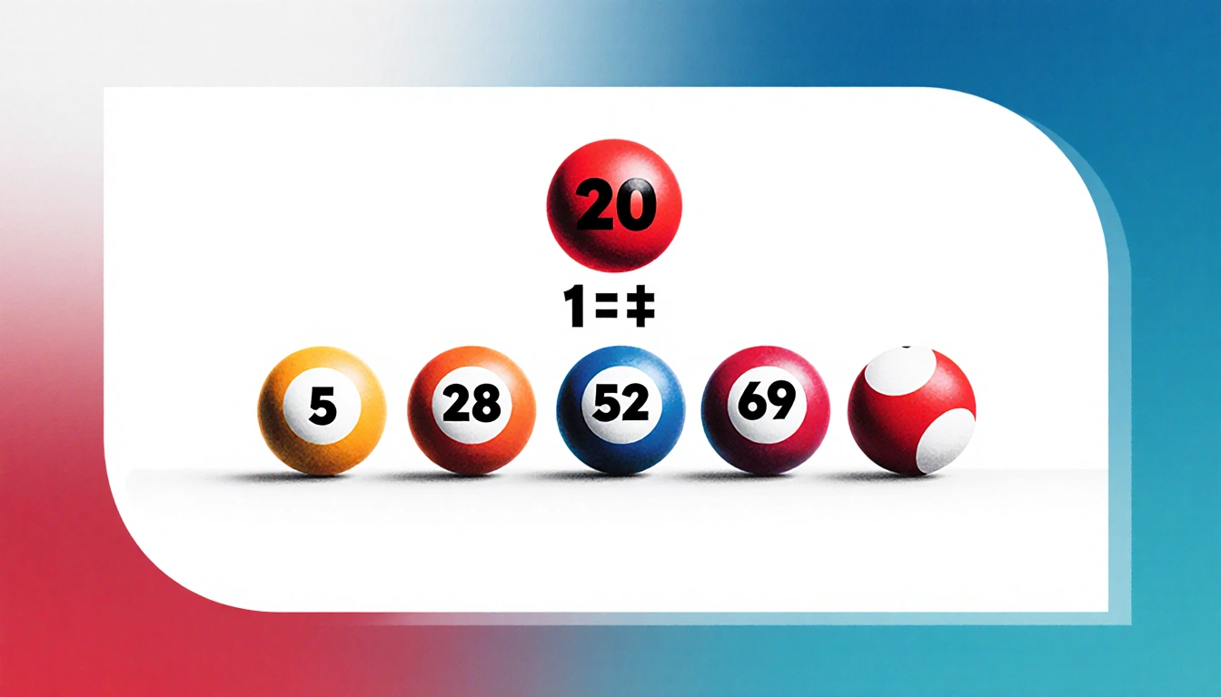 Five Powerball numbers appear with gradients on white background and a red Powerball shows 20 next to it with 3× multiplier