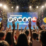 Audience cheering with Powerball tickets and bright lights over colorful balloons and glittering jackpot confetti
