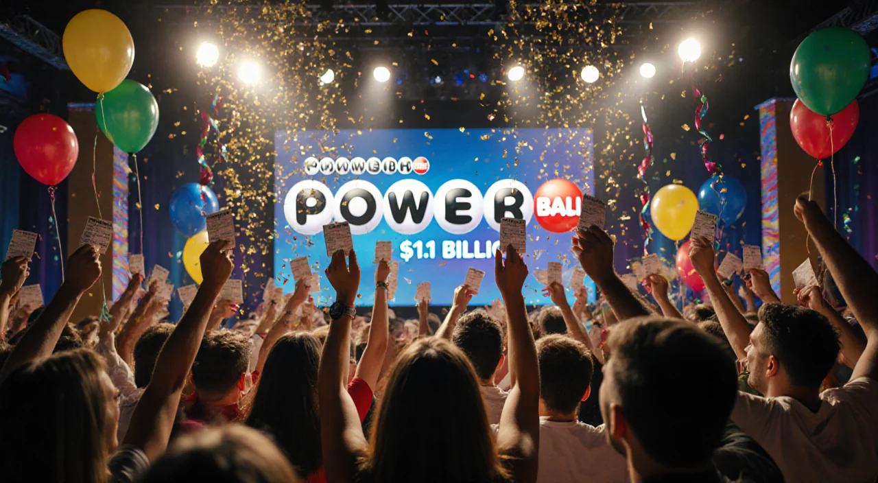 Audience cheering with Powerball tickets and bright lights over colorful balloons and glittering jackpot confetti