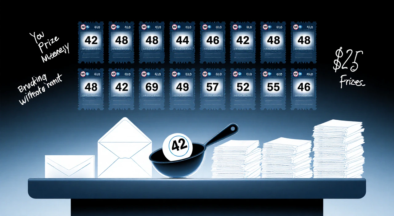 Powerball ball scoop rests on drawing table with empty envelopes and a stack of tickets behind