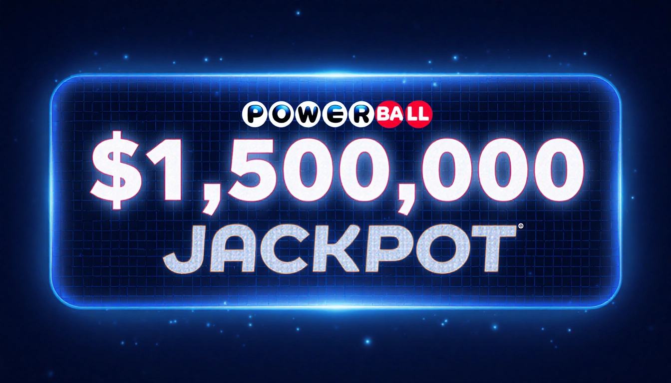 Powerball jackpot screen showing $1,500,000,000 numbers with glow and dark blue gradient background