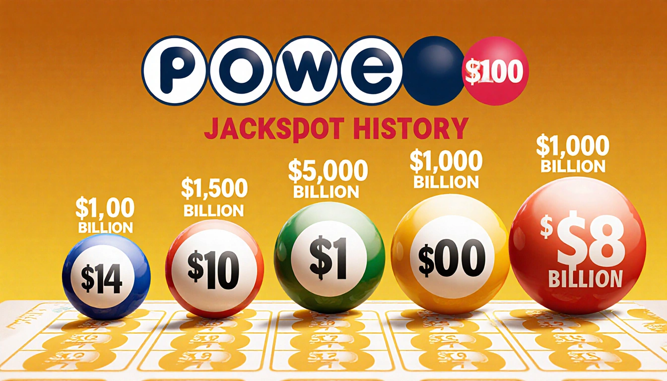 Illustration of seven Powerball balls with $1.25B at top and $1B at bottom and Jackpot History