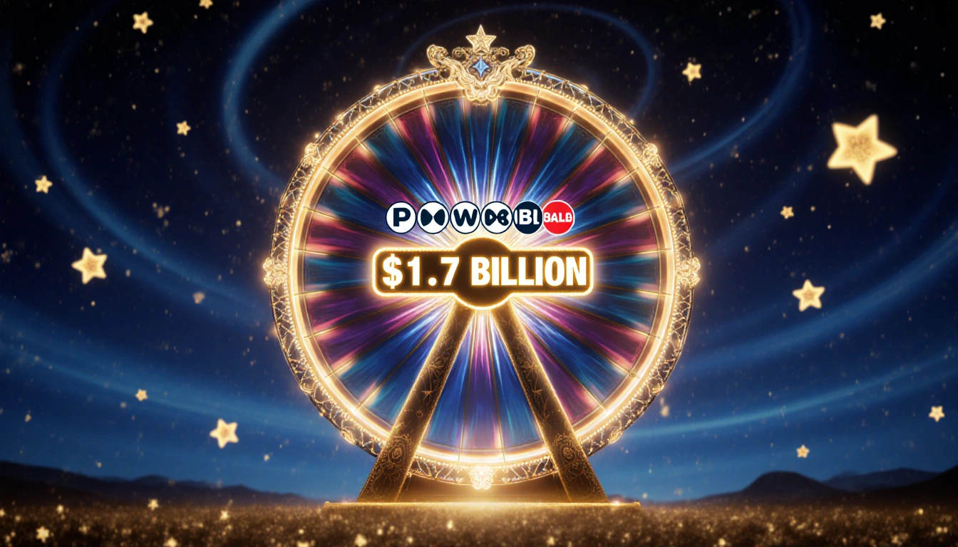 Giant Powerball jackpot wheel glowing with $1.7 billion display against dark blue night sky with swirling golden stars.