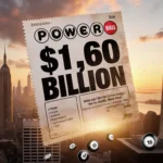 Powerball ticket glowing with $1.6 billion jackpot on a worn surface near a sunset skyline