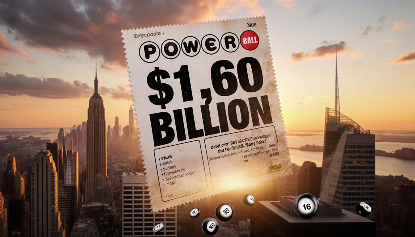 Powerball ticket glowing with $1.6 billion jackpot on a worn surface near a sunset skyline