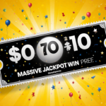 Powerball ticket shows winning numbers with golden yellow background and confetti celebrating jackpot