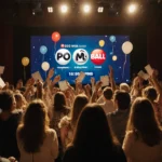 Crowd cheering while holding winning Powerball jackpot tickets with a countdown clock and bright balloons overhead