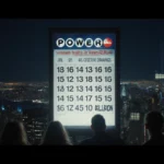 Giant Powerball ticket board glows over city skyline with 45 winning numbers and hopeful crowds