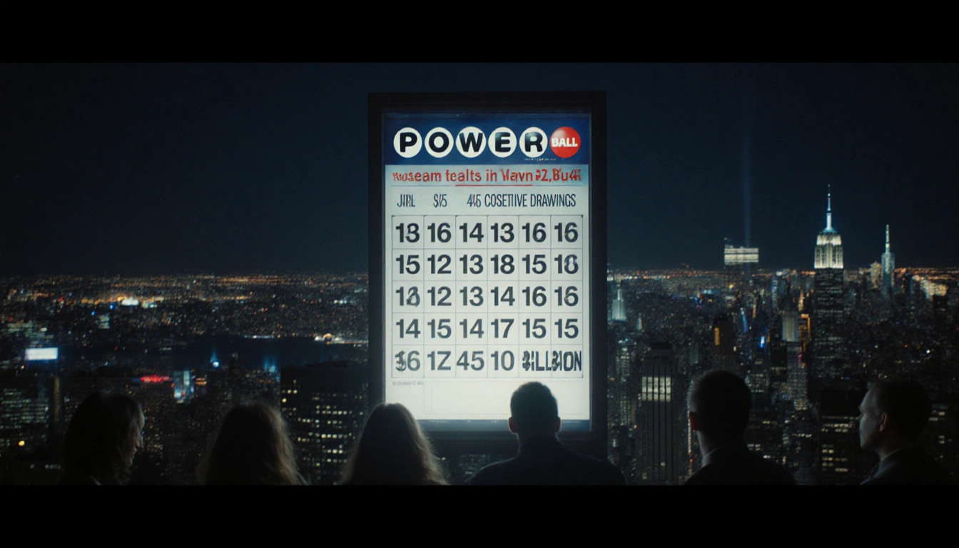 Giant Powerball ticket board glows over city skyline with 45 winning numbers and hopeful crowds