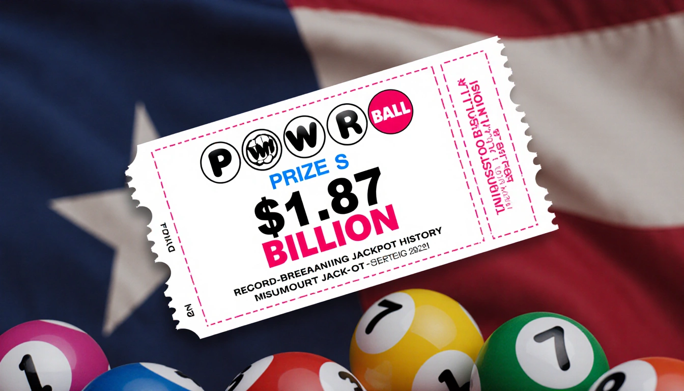 Powerball ticket displays $1.787 billion jackpot with blurred lottery balls behind and faded Missouri flag.