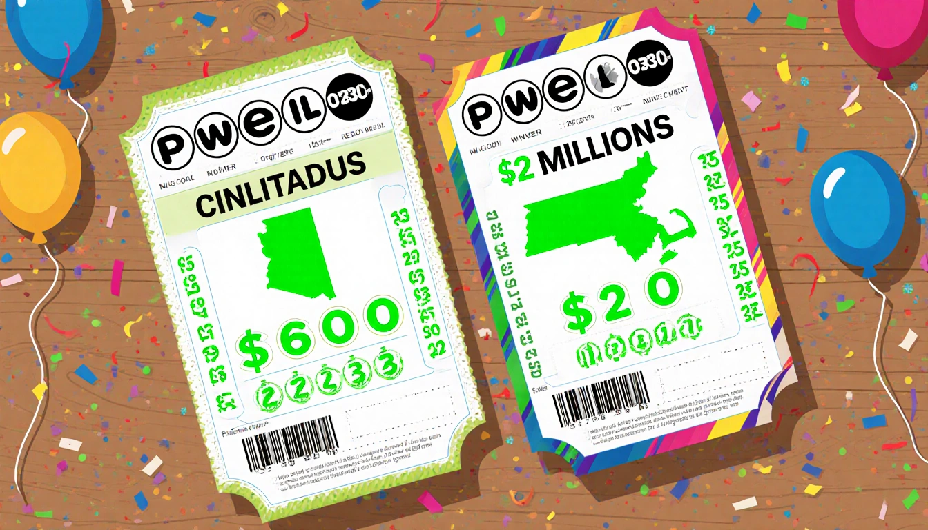 Two Powerball tickets with Arizona and Massachusetts maps show green winning numbers and $2 million