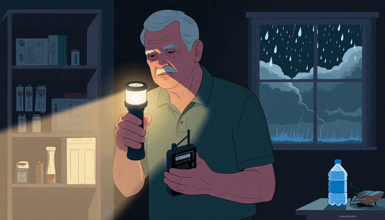 Middle-aged man checking a battery radio with a flashlight in dimly lit room with bottled water and stormy window.