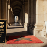 Trump and Biden plaques face each other on Walk of Fame with golden red plaque and faded white plaque worn stone arches