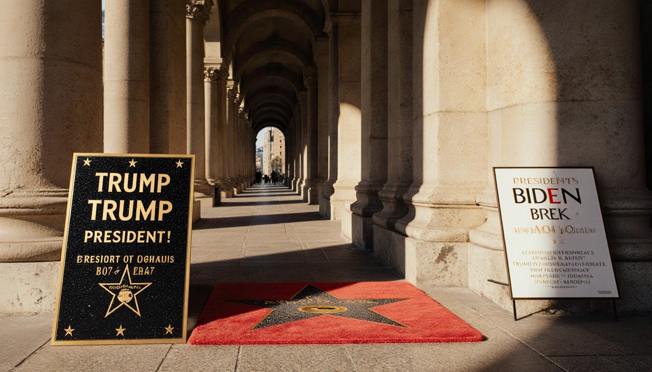 Trump and Biden plaques face each other on Walk of Fame with golden red plaque and faded white plaque worn stone arches