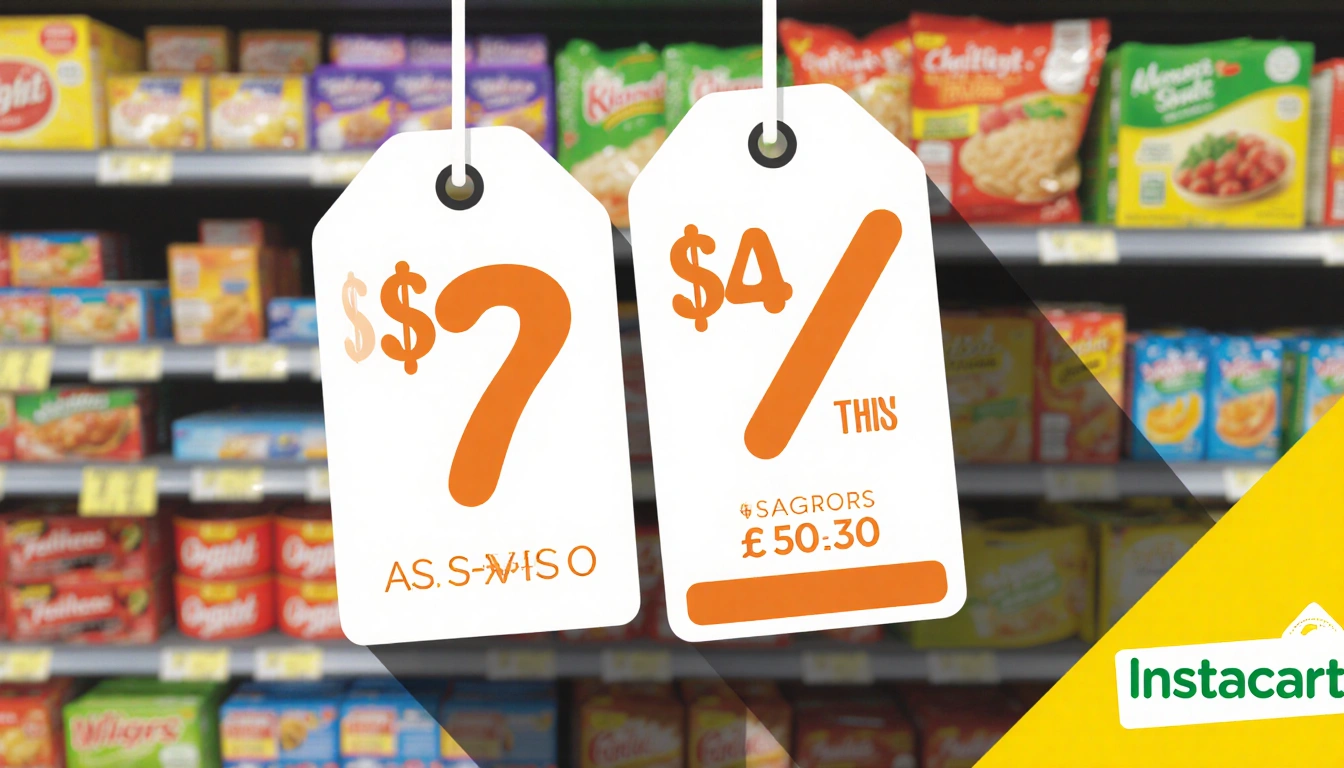 Price tags overlap a grocery item with bold contrasting colors showing a price discrepancy and a faint Instacart logo in corn