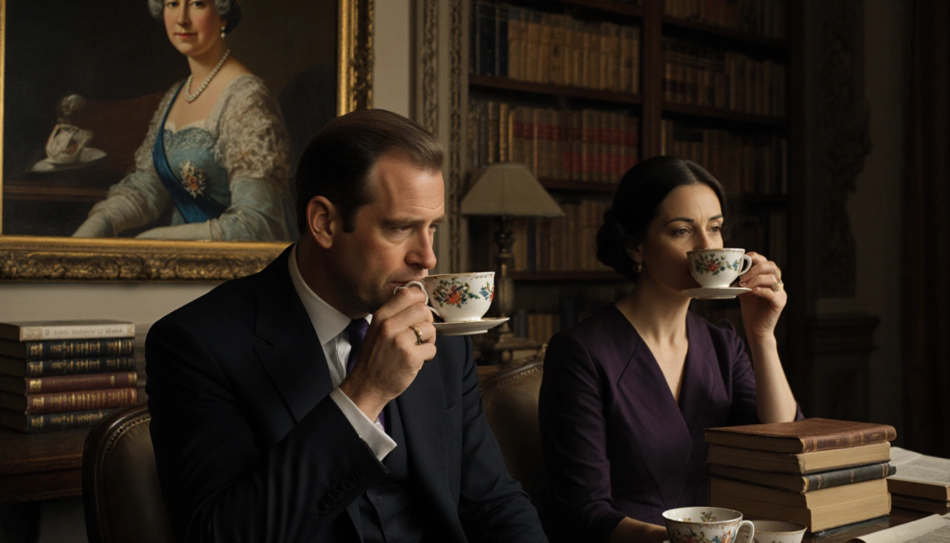 Prince Andrew sipping tea with Ghislaine Maxwell in a dim study with books and a faded Queen portrait
