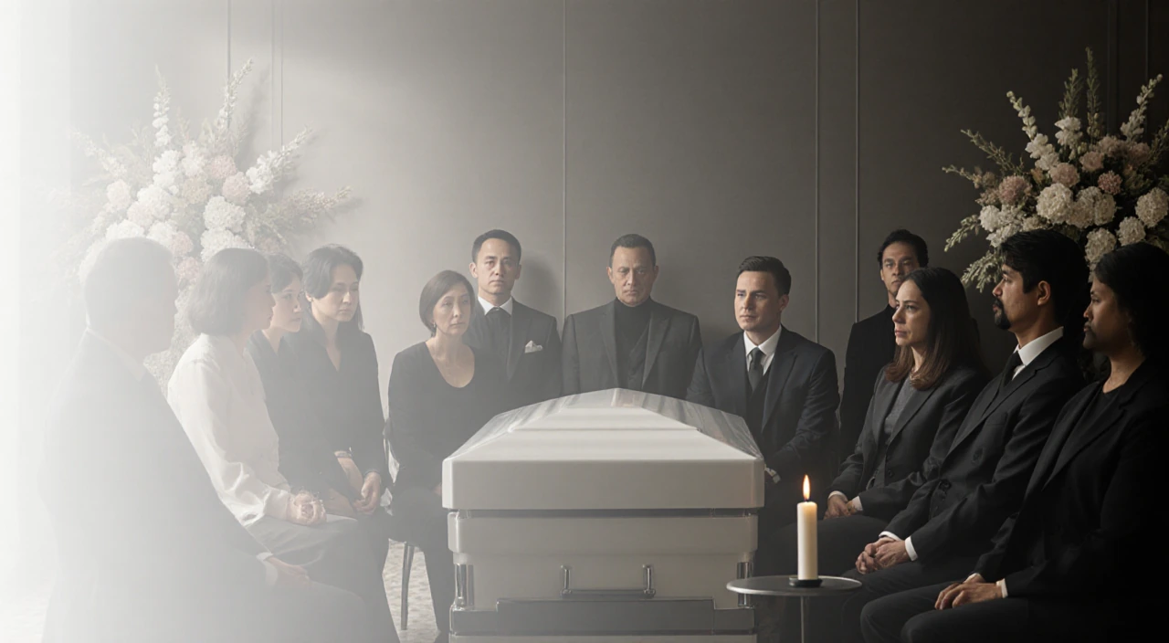 Family members sit with solemn faces near a white casket during a private funeral and flickering candle