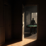 Door ajar lets warm light seep into hall with faint gambling table seen through window