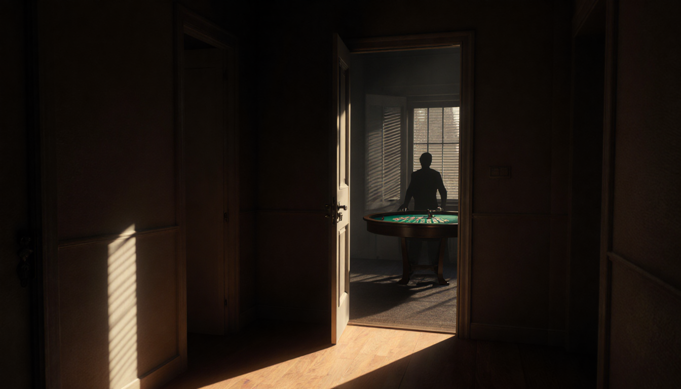 Door ajar lets warm light seep into hall with faint gambling table seen through window