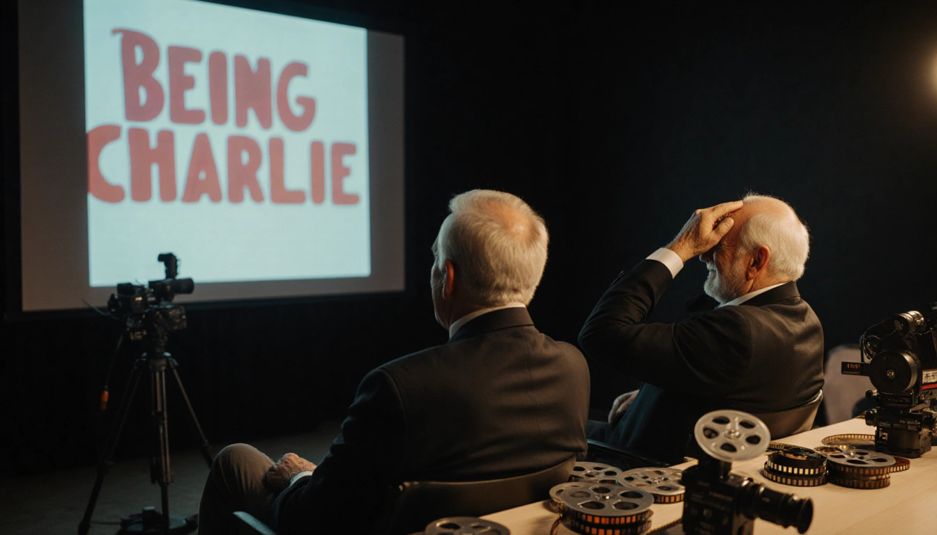 Charlie Shaffer smiles during a private film screening with director Rob Reiner holding his head near scattered camera gear